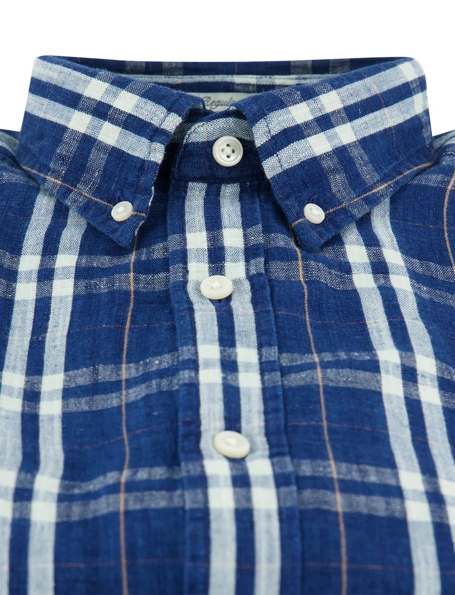 Gant Regular Fit overhemd donkerblauw wit geruit linnen