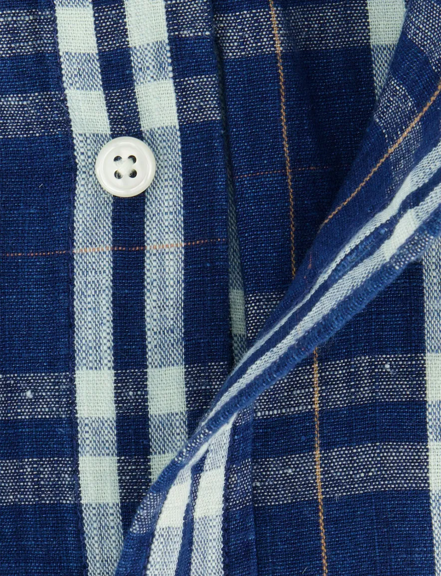 Gant Regular Fit overhemd donkerblauw wit geruit linnen