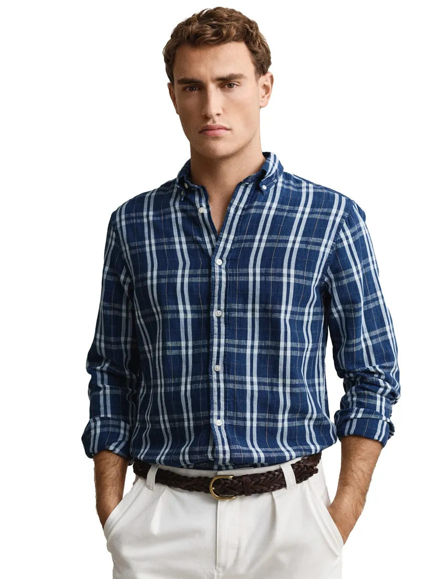 Gant Regular Fit overhemd donkerblauw wit geruit linnen