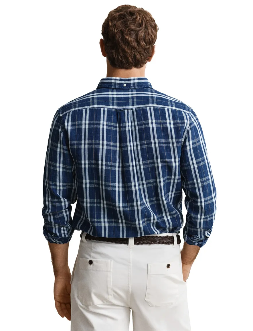 Gant Regular Fit overhemd donkerblauw wit geruit linnen