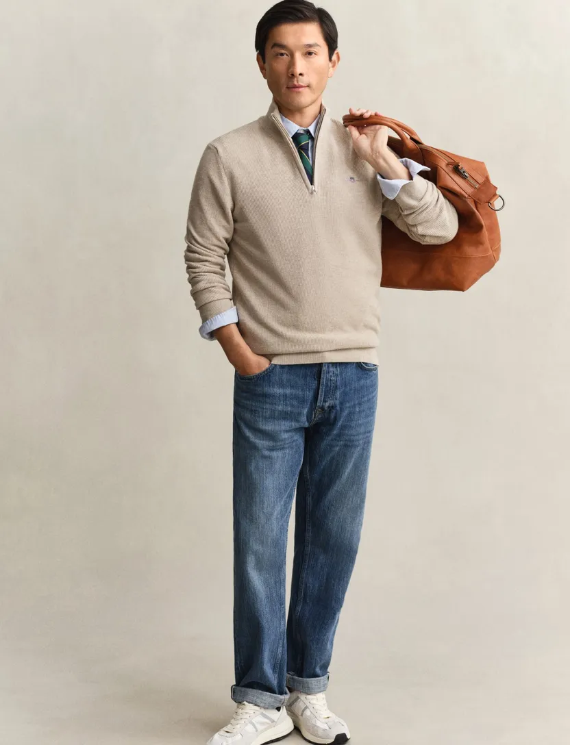 Gant trui beige half zip kraag lange mouw
