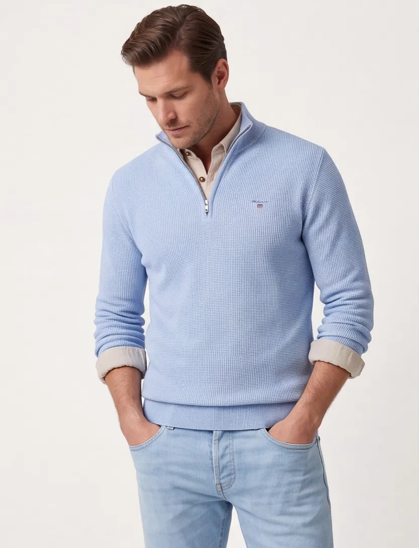 lichtblauw structuur trui Gant half-zip effen