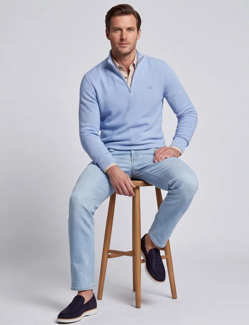 lichtblauw structuur trui Gant half-zip effen