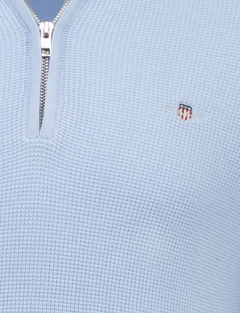 lichtblauw structuur trui Gant half-zip effen