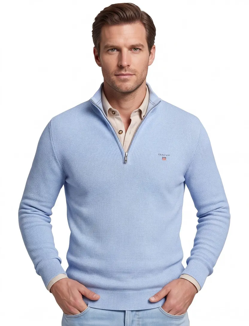lichtblauw structuur trui Gant half-zip effen