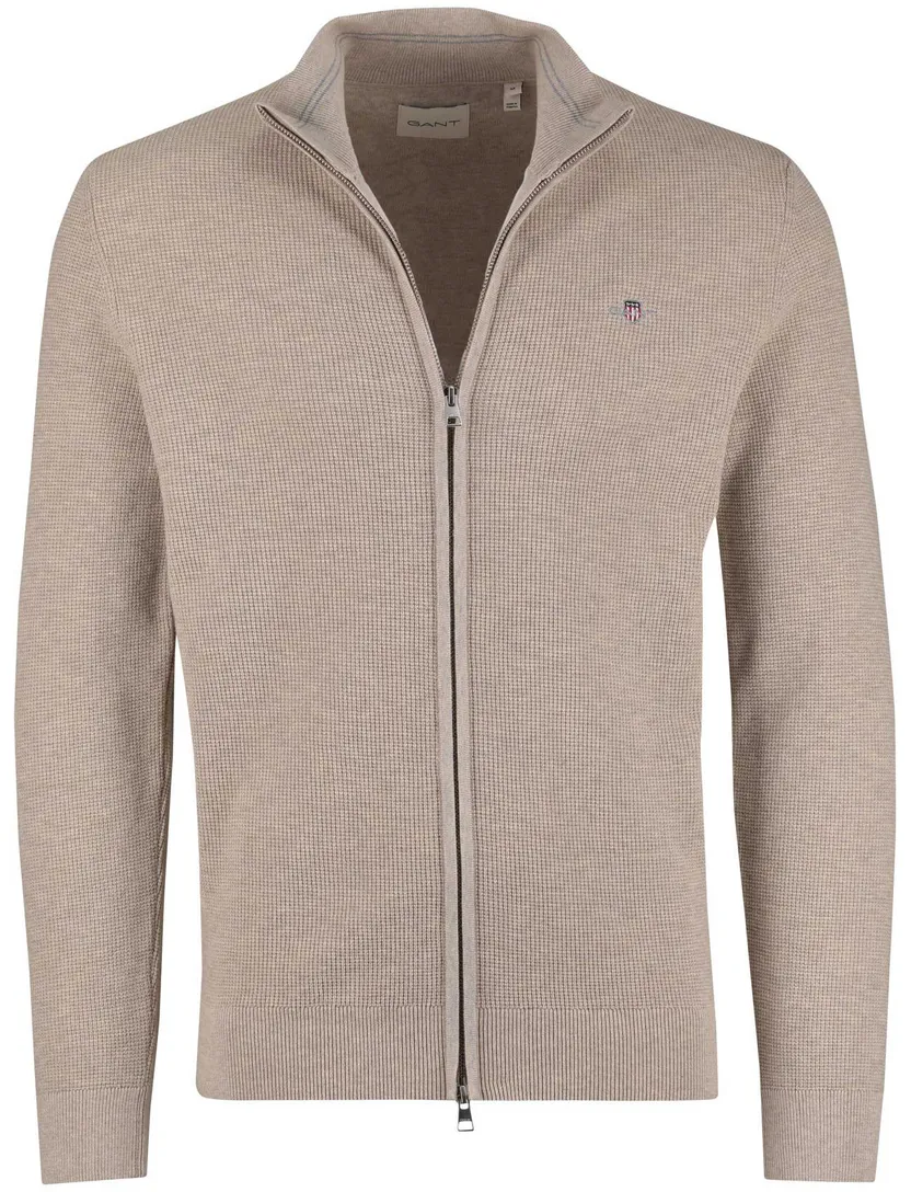 Beige structuur vest Gant met rits en boordstreep