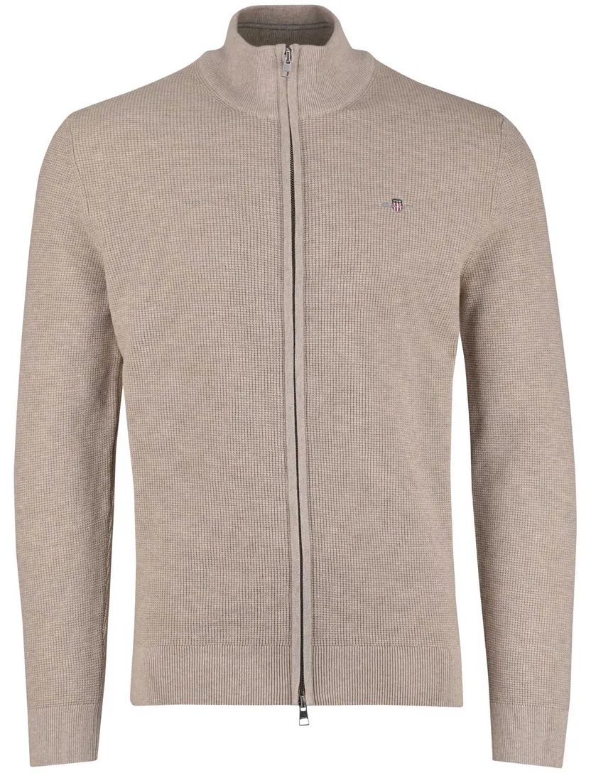 Beige structuur vest Gant met rits en boordstreep