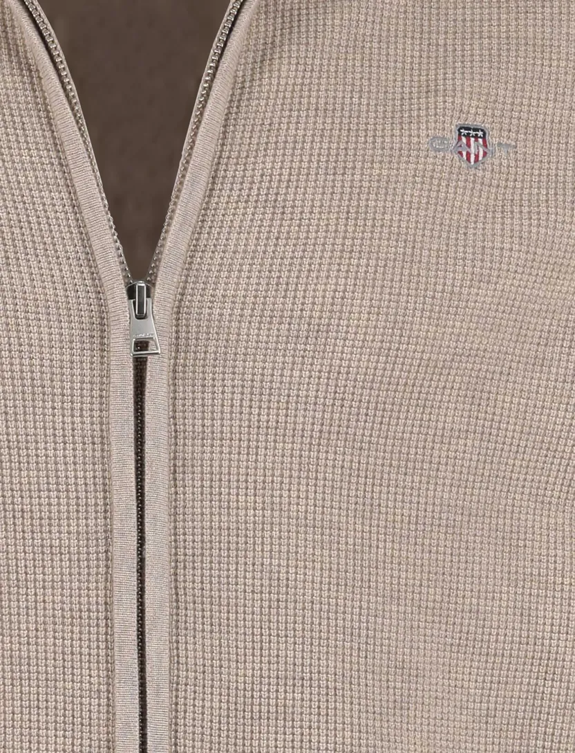 Beige structuur vest Gant met rits en boordstreep