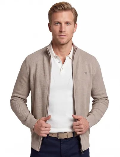 Gant Beige structuur vest Gant met rits en boordstreep