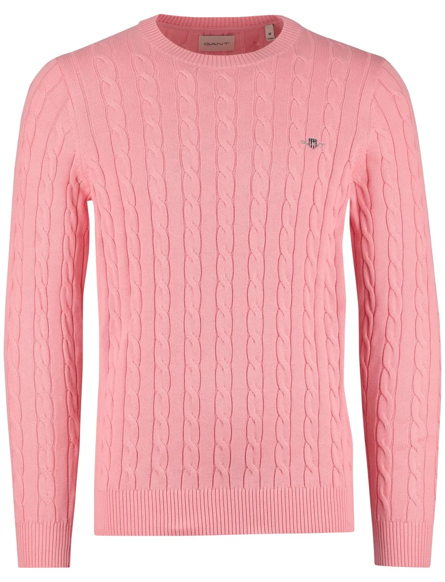Gant trui roze ronde hals kabeltrui katoen