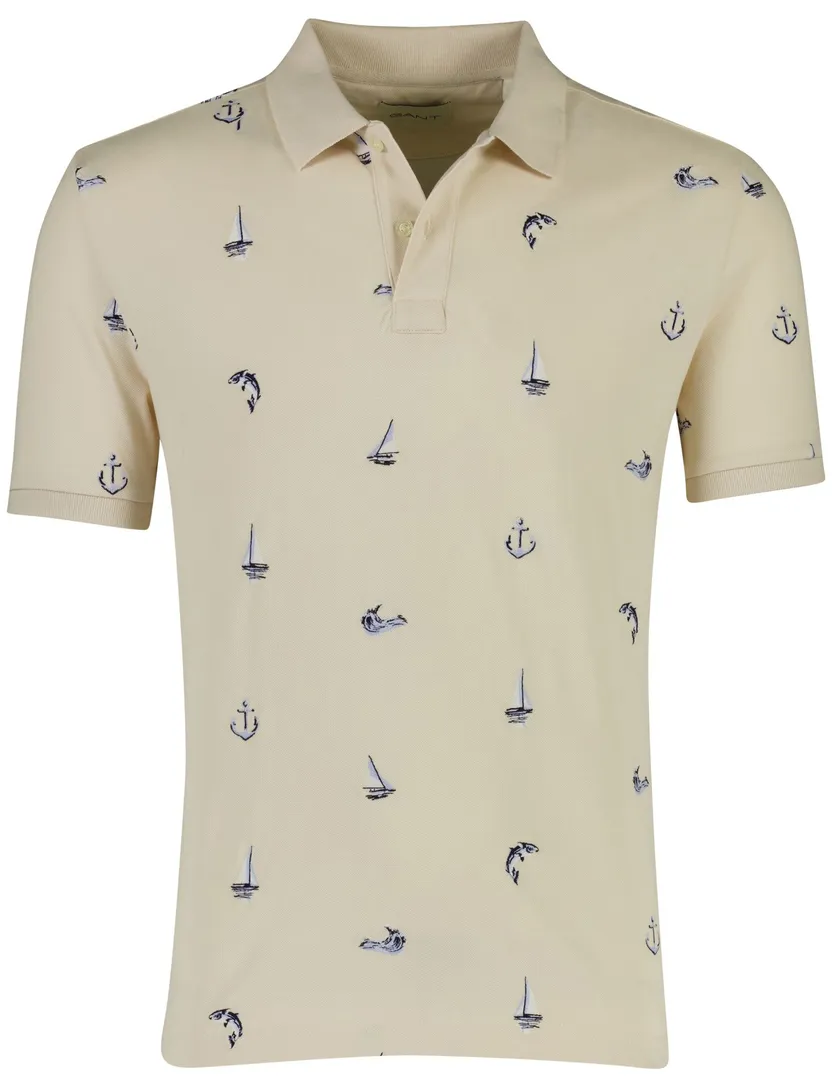 Poloshirt korte mouw beige geprint bootjes normale fit 2 knoopjes