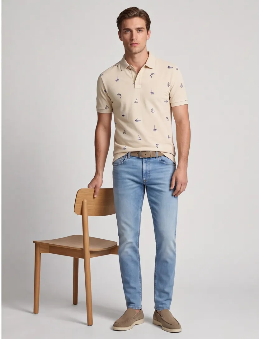 Poloshirt korte mouw beige geprint bootjes normale fit 2 knoopjes