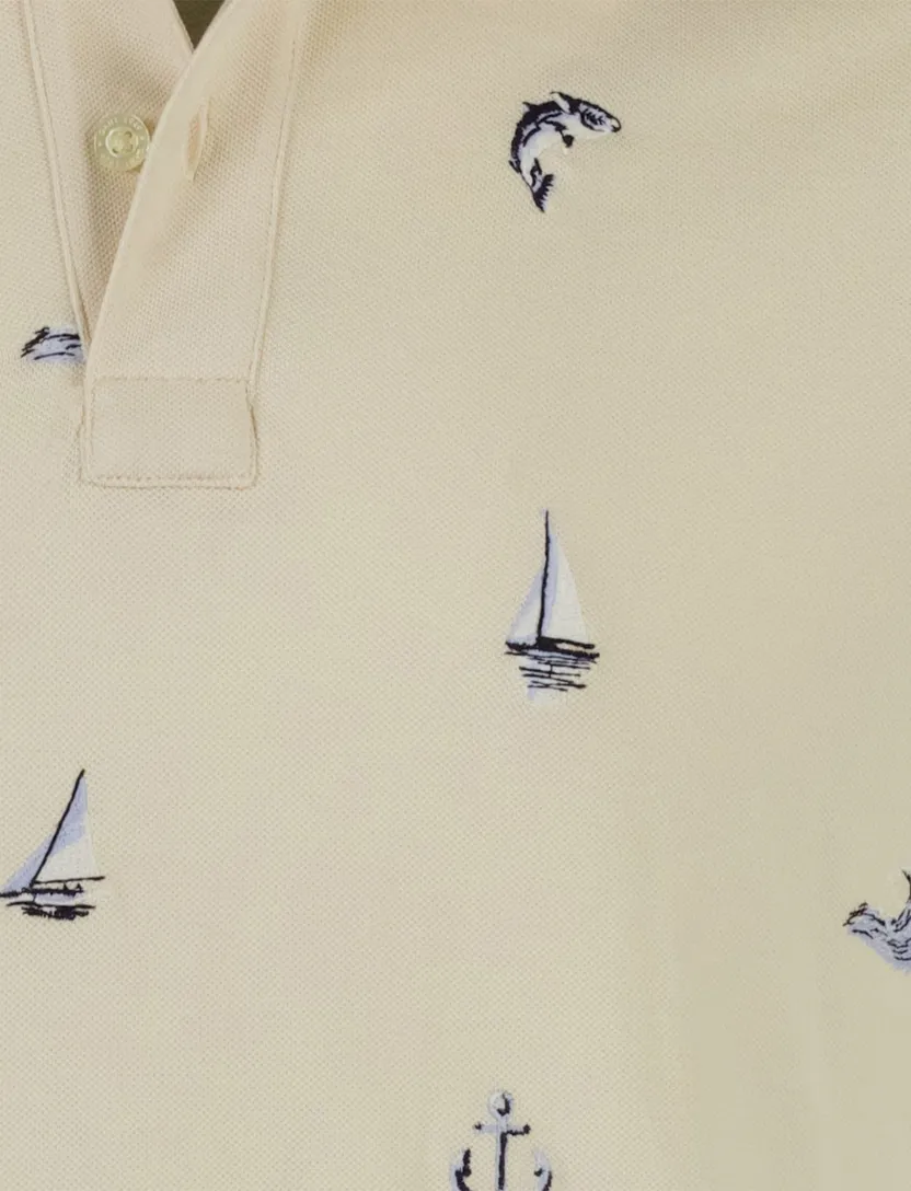 Poloshirt korte mouw beige geprint bootjes normale fit 2 knoopjes