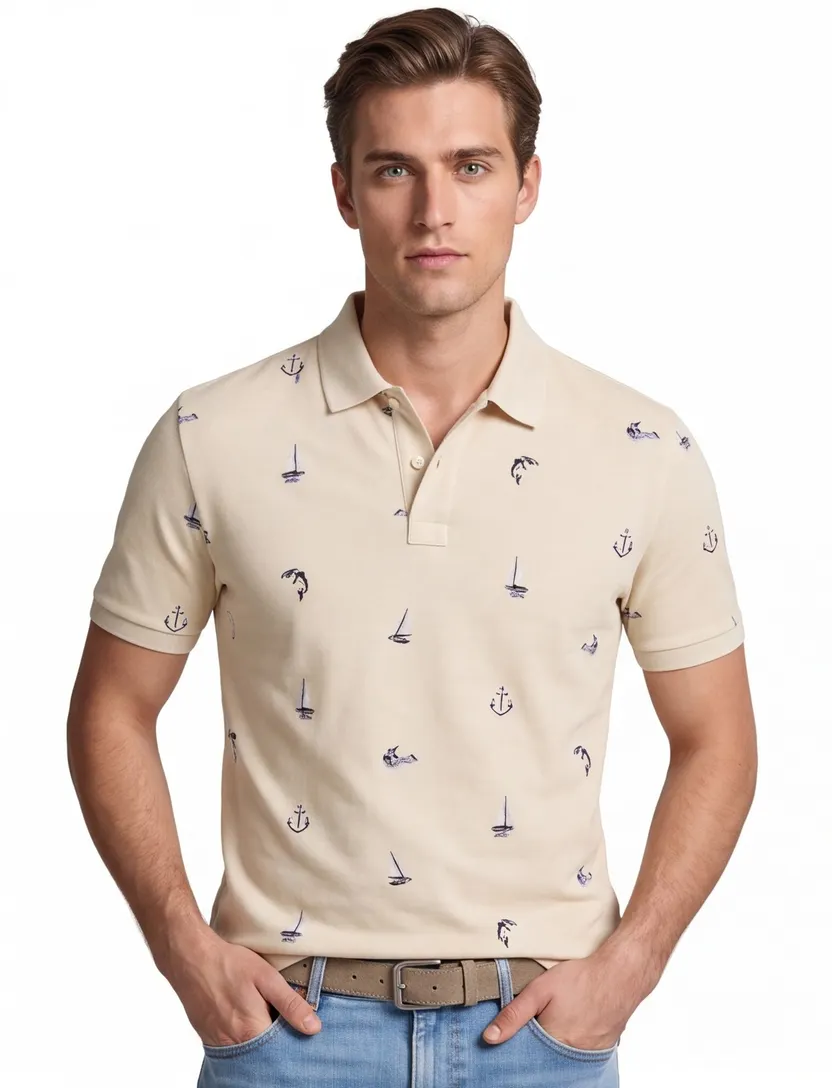 Poloshirt korte mouw beige geprint bootjes normale fit 2 knoopjes
