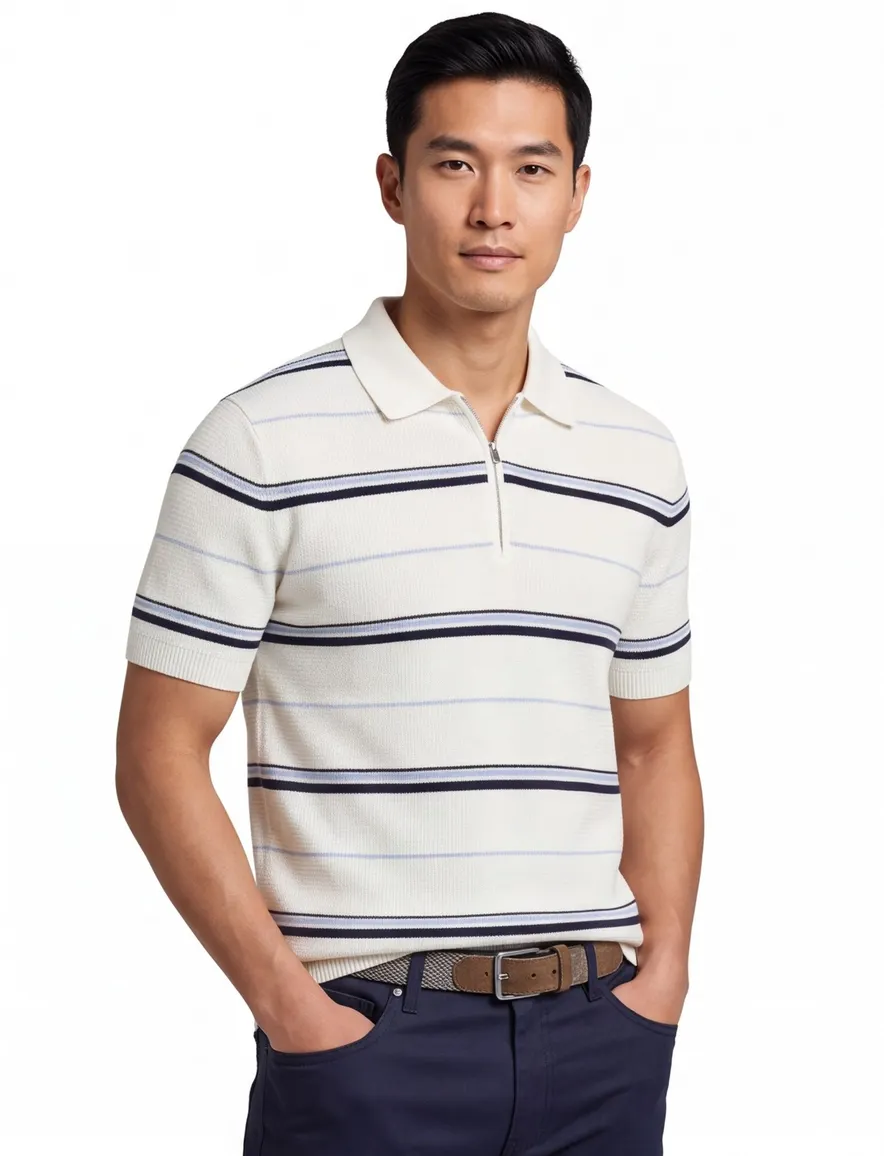 Gant polo creme met rits blauwe streep
