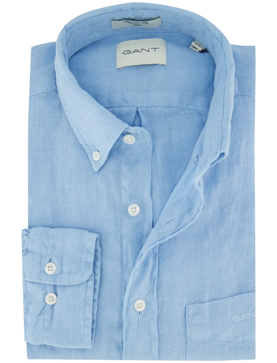 Gant Regular Fit overhemd lichtblauw effen linnen