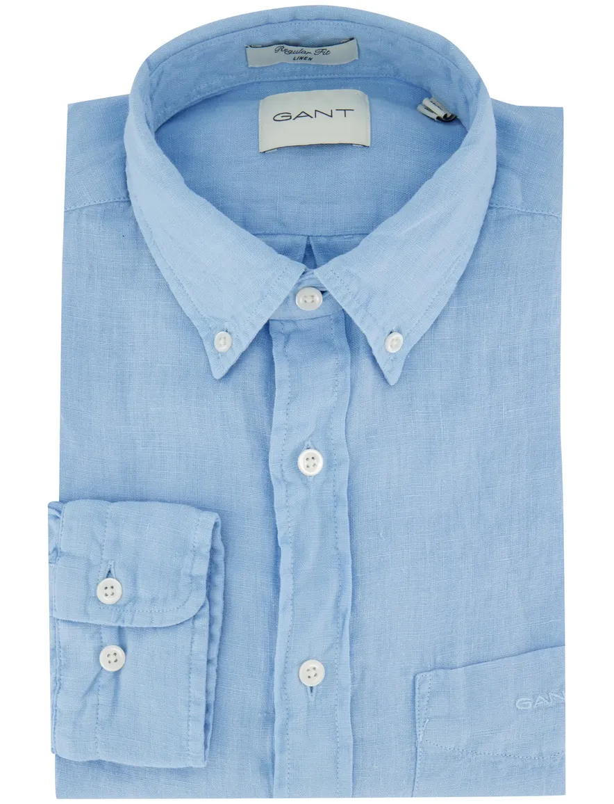 Gant Regular Fit overhemd lichtblauw effen linnen