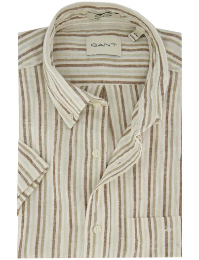 Gant Beige streepjes overhemd korte mouw Gant wijde fit