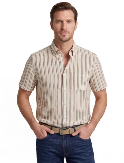 Gant Beige streepjes overhemd korte mouw Gant wijde fit