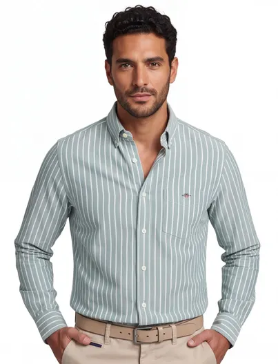 Gant Overhemd Gant groen gestreept Regular Fit