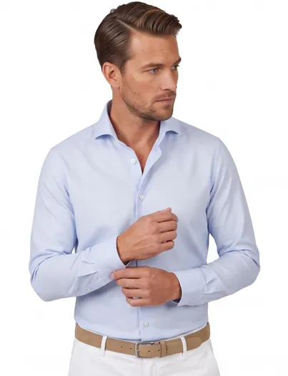 John Miller Overhemd lichtblauw John Miller mouwlengte 7 knitted slim fit