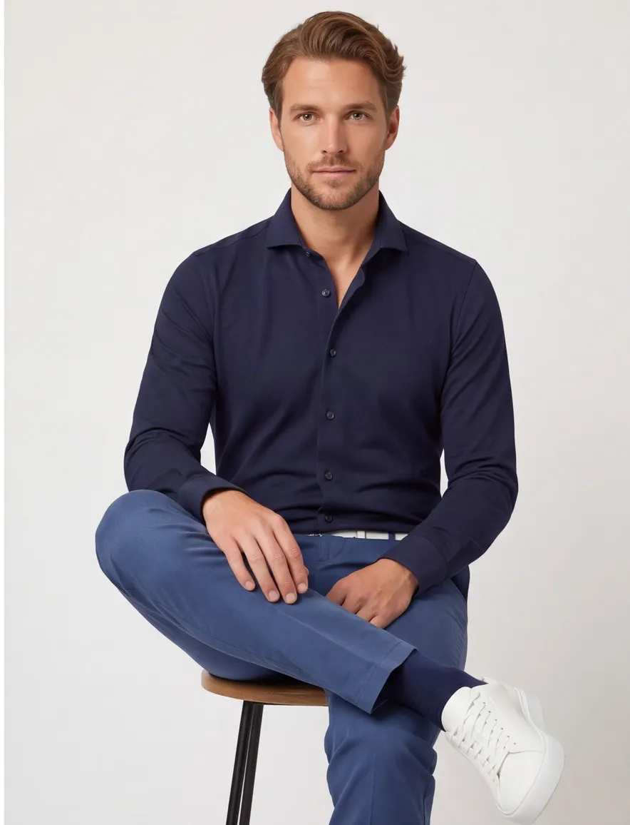 Overhemd navy John Miller mouwlengte 7 knitted slim fit
