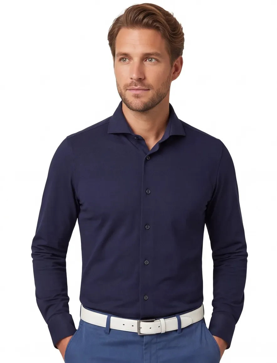 Overhemd navy John Miller mouwlengte 7 knitted slim fit