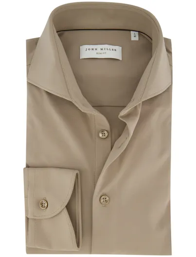 John Miller Overhemd beige John Miller mouwlengte 7 knitted slim fit