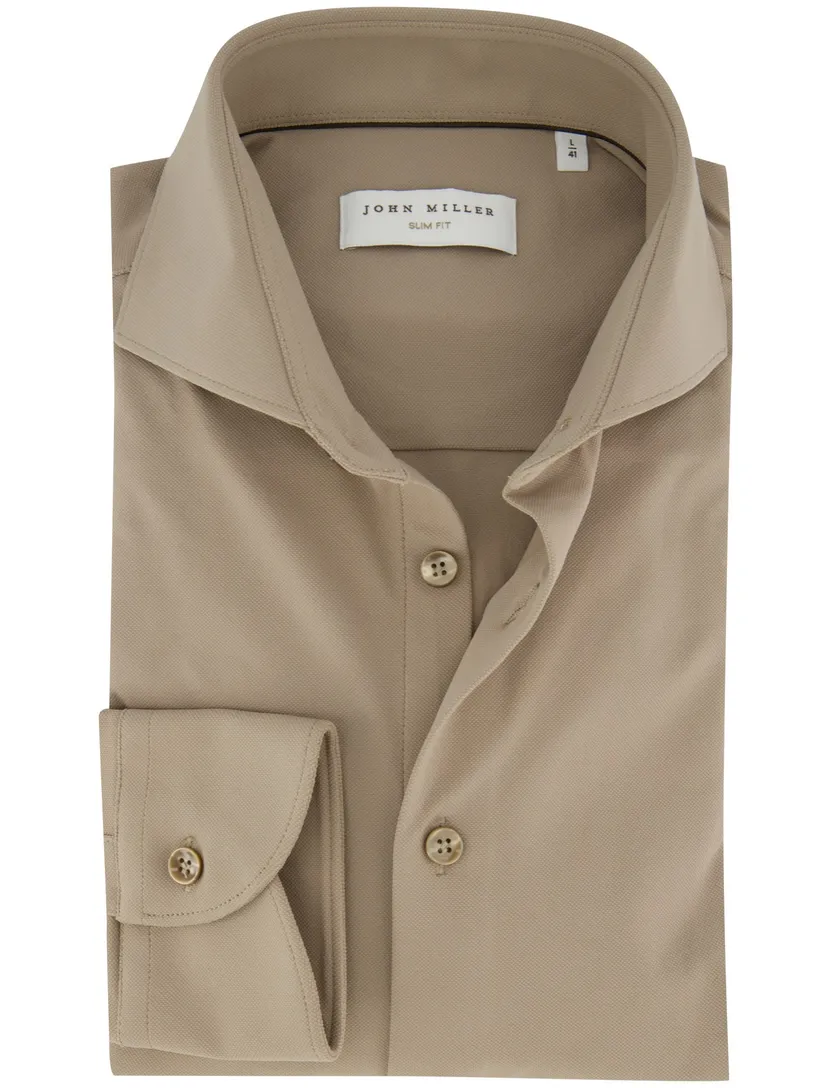 Slim fit overhemd wide collar John Miller mouwlengte 7 camel