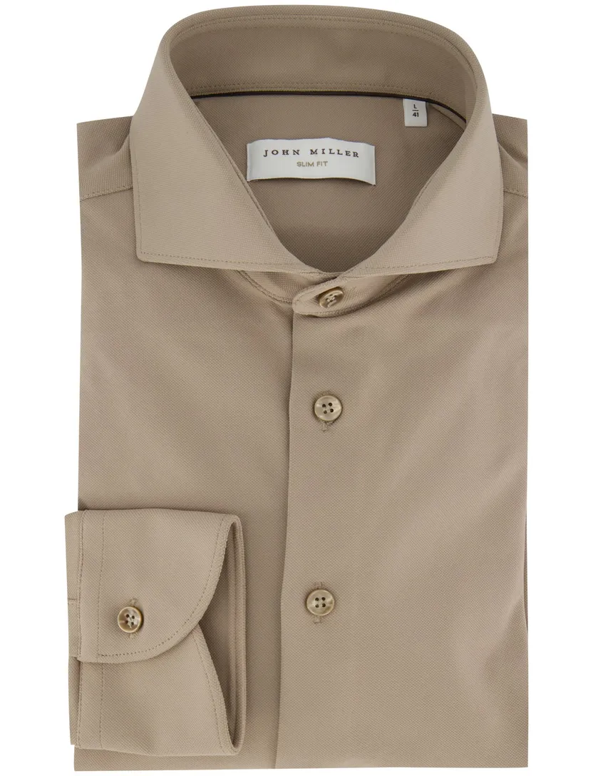 Slim fit overhemd wide collar John Miller mouwlengte 7 camel
