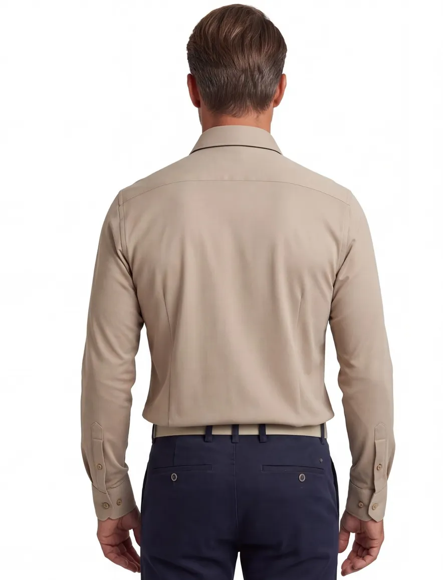 Overhemd camel John Miller mouwlengte 7 knitted slim fit