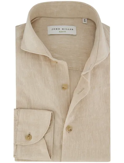 John Miller Beige overhemd John Miller Slim fit mouwlengte 7 cutaway boord