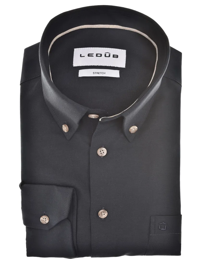 Overhemden Ledub navy katoen Modern Fit met borstzak