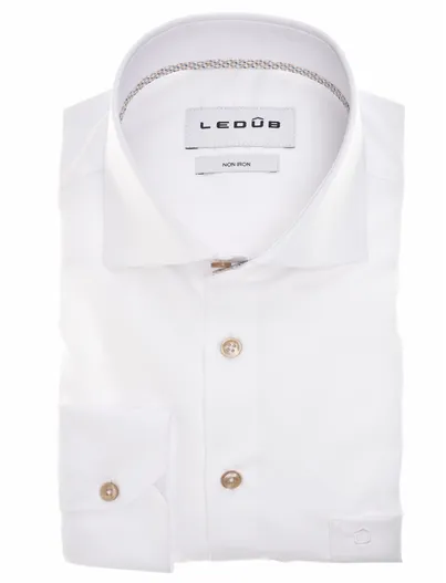 Ledub Ledub overhemd Modern Fit wit wide spread met borstzak effen