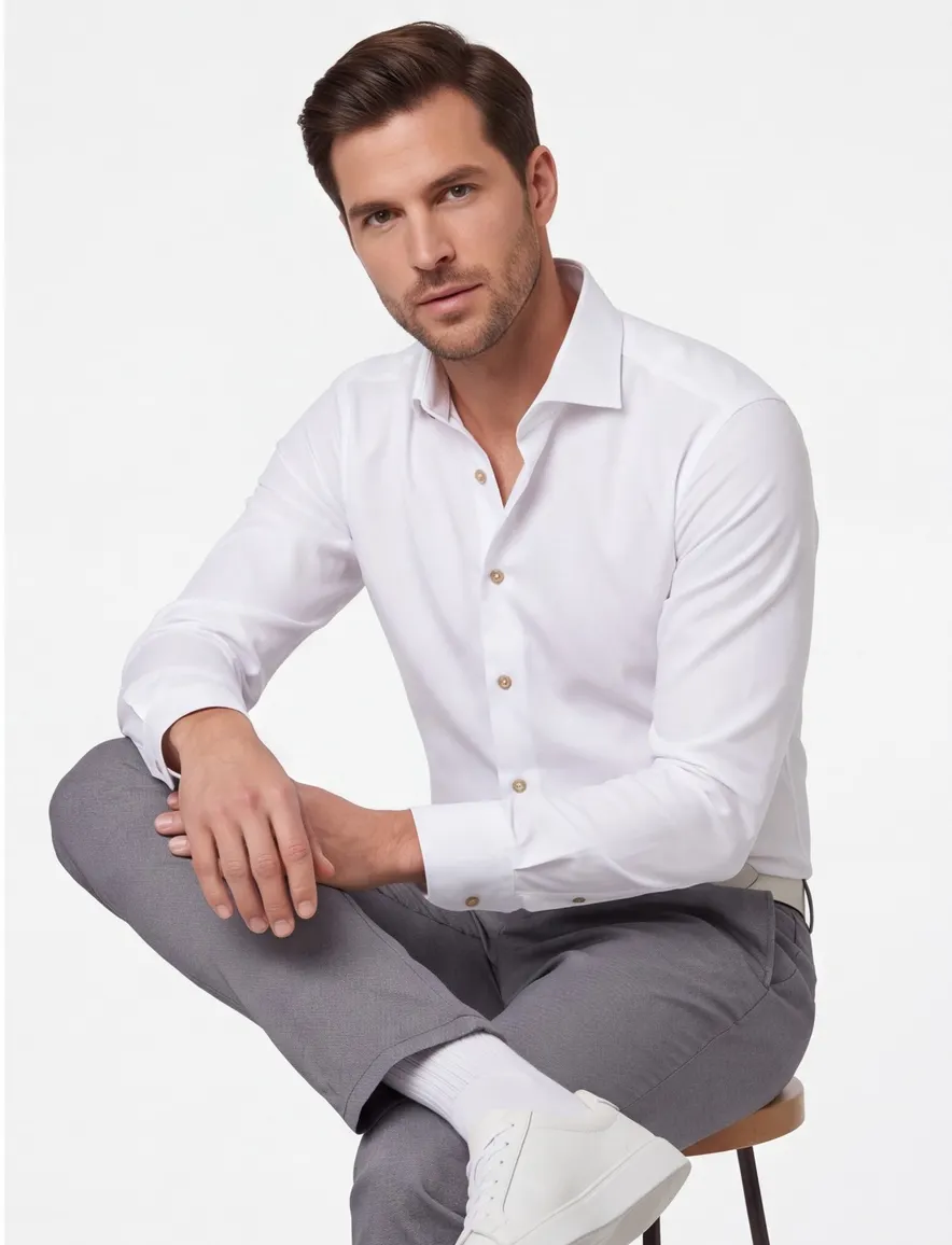 Ledub overhemd Modern Fit wit wide spread met borstzak effen