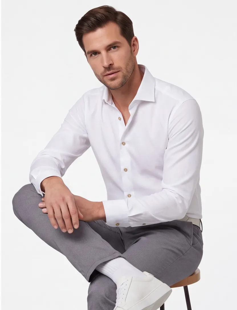 Overhemd Ledub Modern Fit wit wide spread met borstzak effen