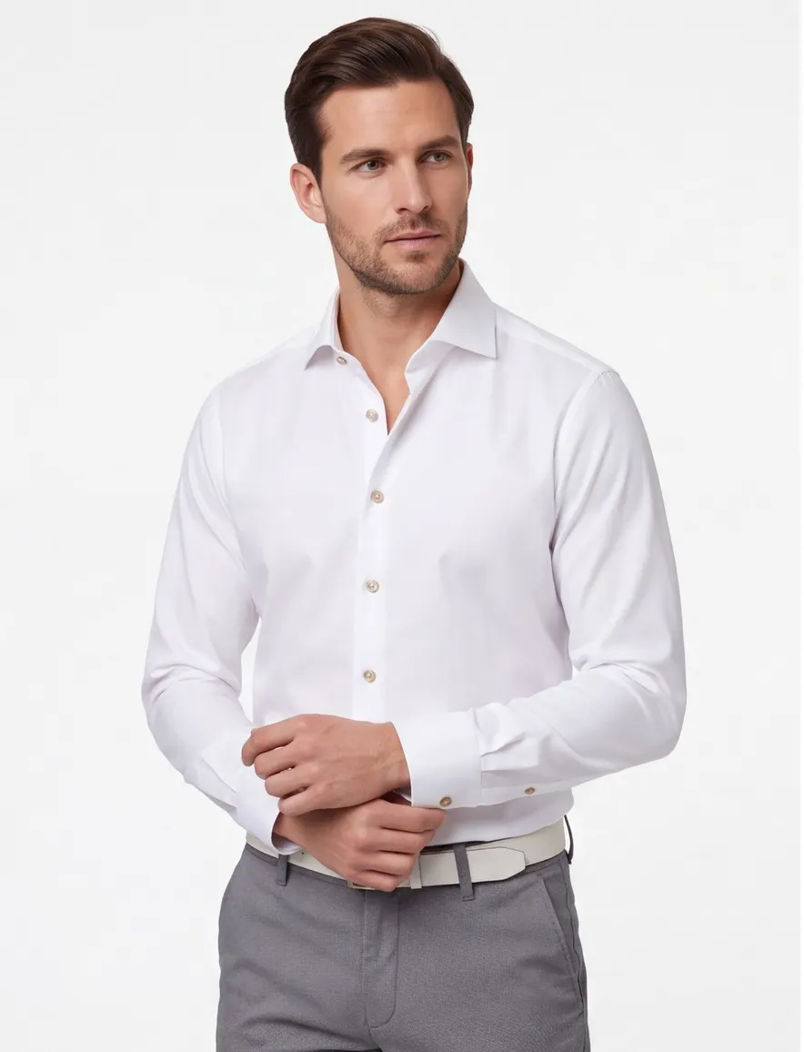 Ledub overhemd Modern Fit wit wide spread met borstzak effen