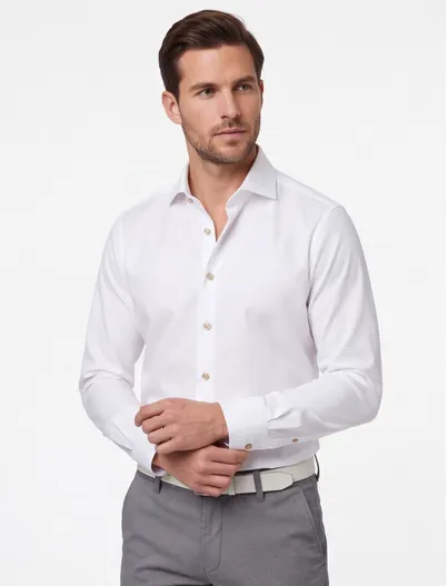 Ledub Overhemd Ledub Modern Fit wit wide spread met borstzak effen