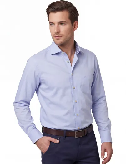 Ledub Ledub Modern Fit overhemd lichtblauw strijkvrij met borstzak en wide spread