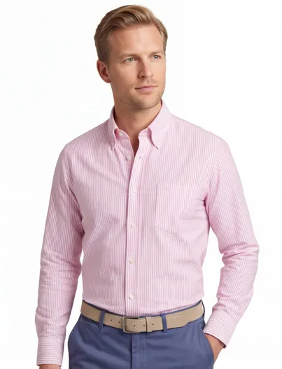 Ledub Overhemd Ledub roze katoen Modern Fit gestreept met borstzak