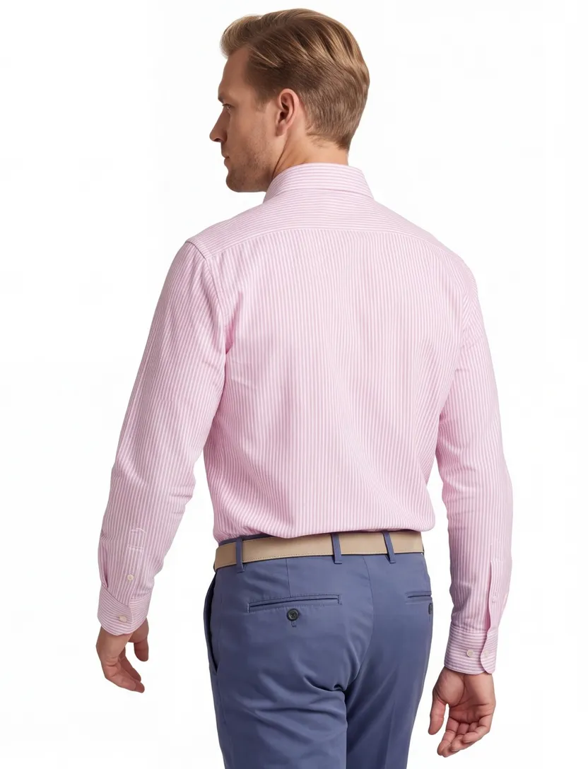 Overhemd Ledub roze katoen Modern Fit gestreept met borstzak