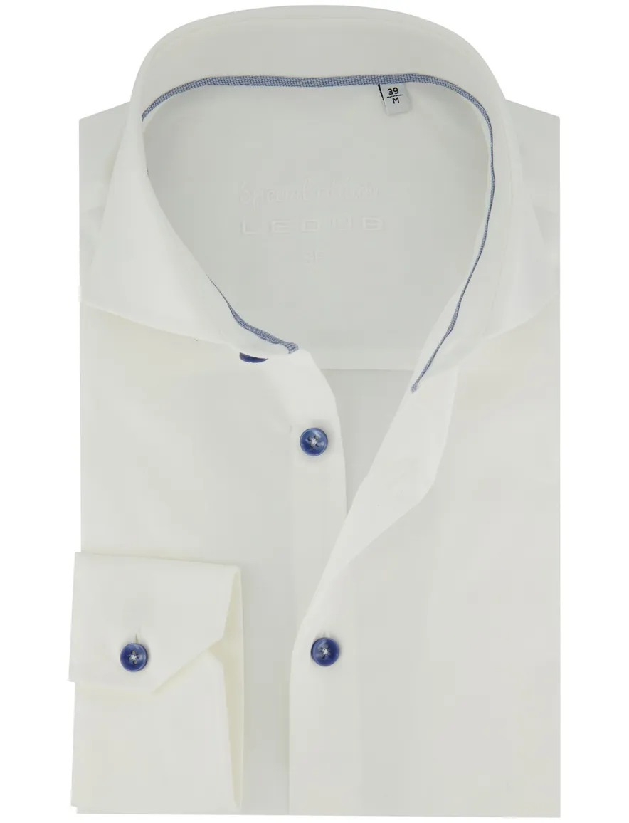 Ledub Slim Fit overhemd wide spead wit met blauwe knopen