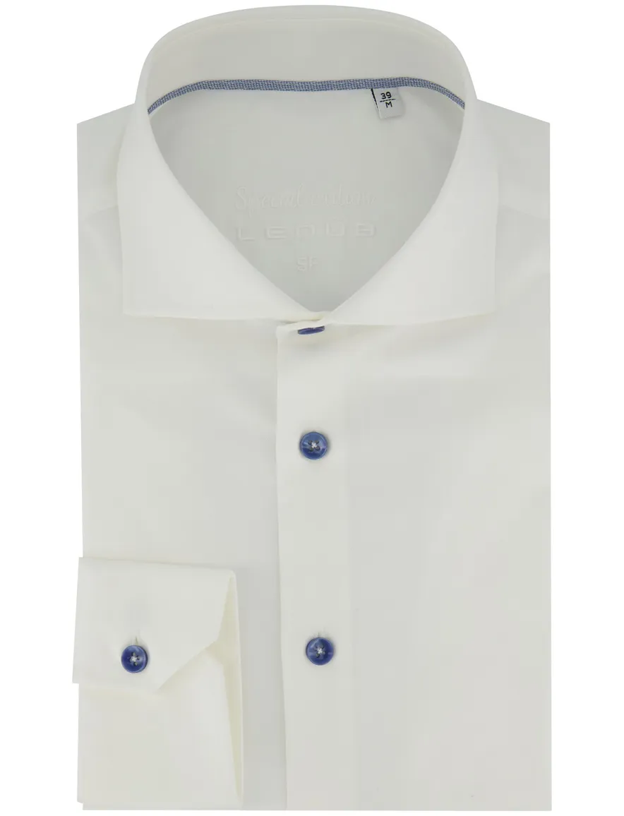 Ledub Slim Fit overhemd wide spead wit met blauwe knopen