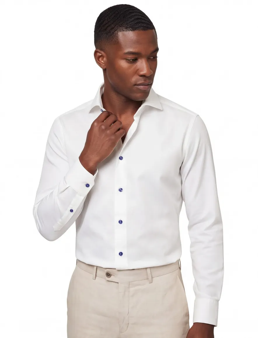 Ledub wit Slim Fit overhemd wide spread met contrast blauwe knopen