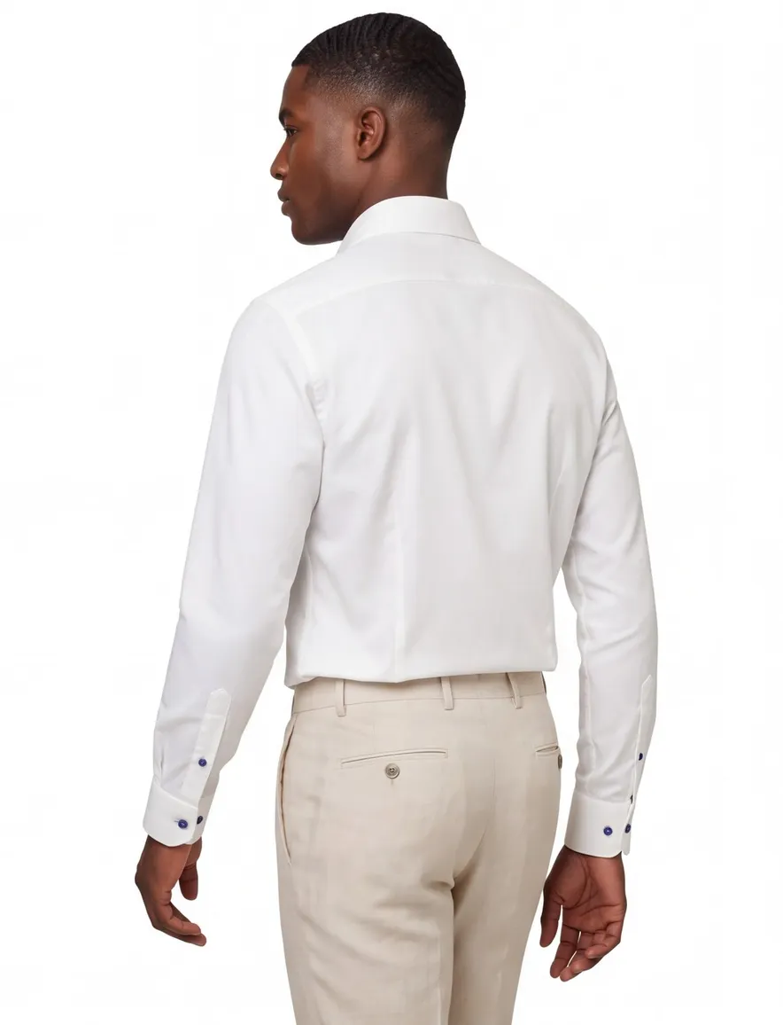 Ledub wit Slim Fit overhemd wide spread met contrast blauwe knopen