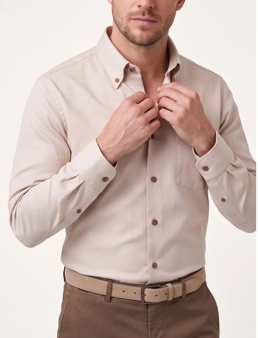 Ledub overhemd beige Modern Fit met borstzak button-down
