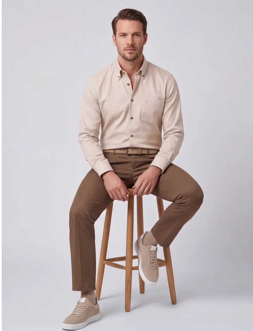 Ledub overhemd beige Modern Fit met borstzak button-down