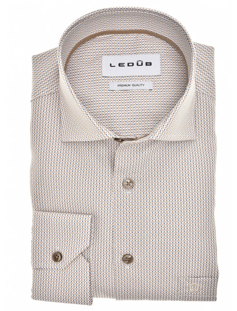 Overhemd Ledub geprint bruin Modern Fit stretch en borstzak