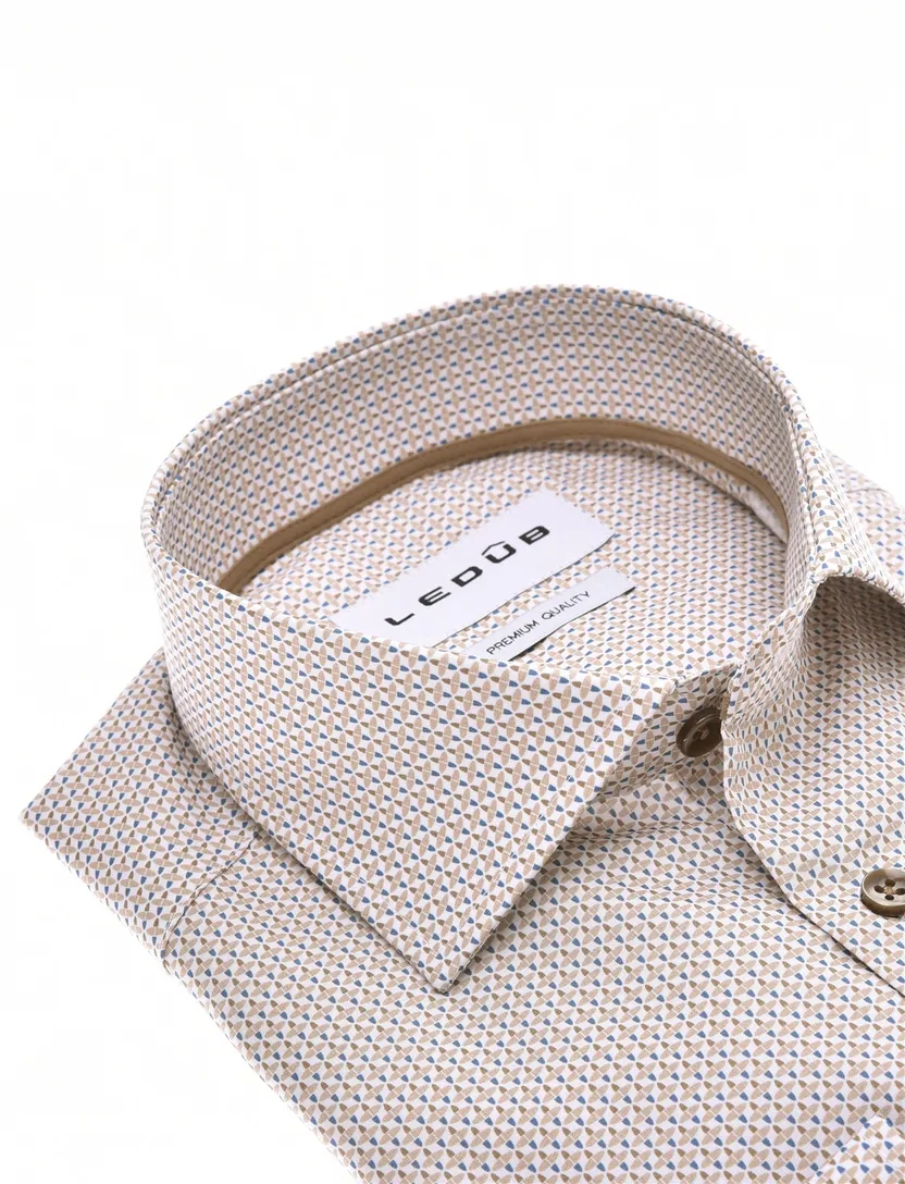 Overhemd Ledub geprint bruin Modern Fit stretch en borstzak