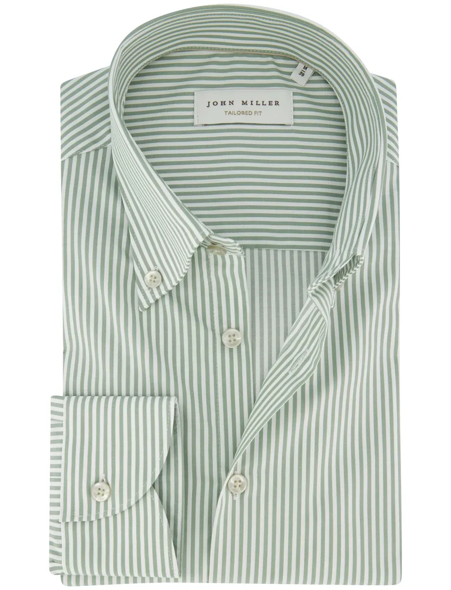 John Miller overhemd groen met strepen Tailored Fit